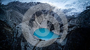 Aerial top down view on blue waters of Laguna 69 at 4800m above the sea level