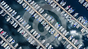 Aerial top down view of boats docking at marina, Ottawa, Ontario, Canada