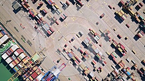 Aerial top down view of a cargo ship and seaport container yard