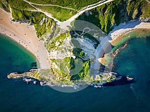 Aerial top down view of the cliffs connecting Durdle Door Beach and Man O\'War Beach