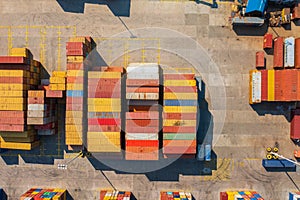 Aerial top down view about empty containers waiting for transport at Budapest Freeport.
