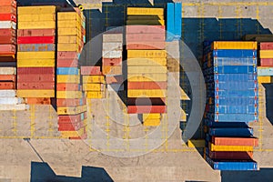 Aerial top down view about empty containers waiting for transport at Budapest Freeport.