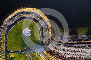 Aerial top down view on Famine Ship Memorial in Celia Griffin Memorial Park in Salthill area of Galway city, Ireland