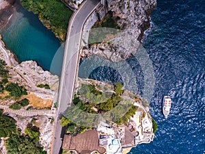Aerial top down view of Fiordo di furore beach. Incredible beauty panorama of a paradise. The rocky seashore of southern Italy.