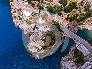 Aerial top down view of Fiordo di furore beach. Incredible beauty panorama of a paradise. The rocky seashore of southern Italy.