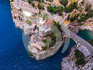 Aerial top down view of Fiordo di furore beach. Incredible beauty panorama of a paradise. The rocky seashore of southern Italy. photo