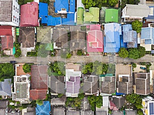 Aerial top-down view high altitude of slum a heavily populated urban informal settlement characterized by substandard housing and