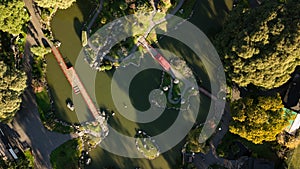 An aerial top-down view on Japanese styled garden with oriental architecture