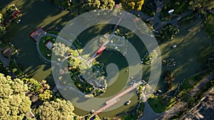 An aerial top-down view on Japanese styled garden with oriental architecture