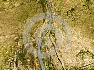 Aerial top down view of the Killarney National Park. Hiking in County Kerry, Ireland