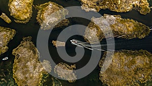 Aerial top-down view on motor speed boat rushing through pathways created by totora plant