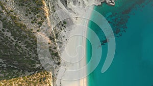 Aerial top-down view of Myrtos beach, the most beautiful beach of Kefalonia