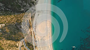 Aerial top-down view of Myrtos beach, the most beautiful beach of Kefalonia