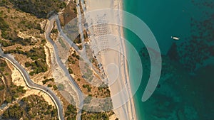 Aerial top-down view of Myrtos beach, the most famous beach of Kefalonia