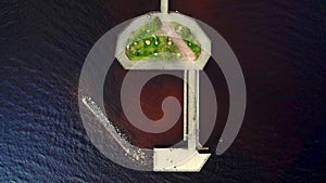 Top down view touristic landmark wooden pier long bridge Langbryggan in Siljan lake Rattvik Sweden photo