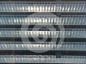 Aerial top down view of poly tunnel green houses used in British agriculture