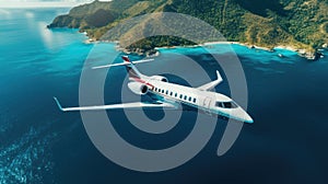 Aerial top down view of a private jet flying over blue sea