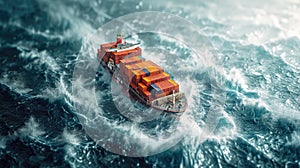 Aerial top down view Sailing cargo ship swinging on stormy sea waves