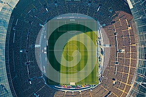 Aerial top down view of a soccer football field stadium