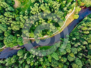 Aerial top down view of summer forest with Vilnele river winding among the trees