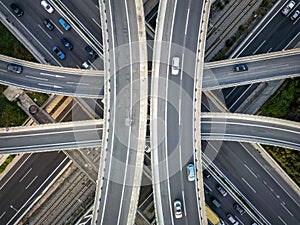 Aerial top down view of a symmetrical highway flyover interchange photo