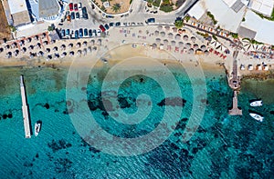 Aerial top down view to the beach of Agios Ioannis, Mykonos, Greece