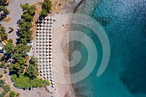 Aerial top down view to the beach of Klima on the island of Aegina, Greece