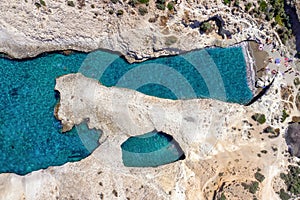 Aerial top down view to Papafragas, Milos island, Greece