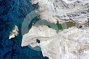 Aerial top down view to the Sarakiniko Beach area in Milos, Cyclades, Greece