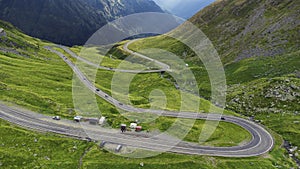 Aerial top down view Transfagarash mountain road. Romania Transilvania. Shot on drone. Famous tourism travel destination