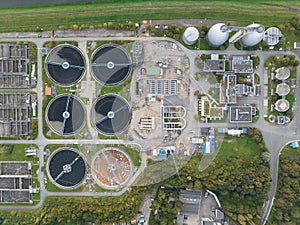 Aerial top down view on a waste water treatment plant.