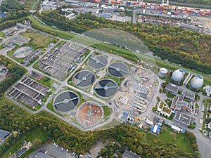 Aerial top down view on a waste water treatment plant.