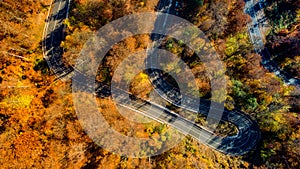 Aerial top drone view of winding forest road in the mountains