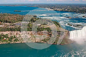 Aerial top landscape view of Niagara Falls  between United States of America and Canada