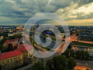 Aerial top night view of Old Town in Vilnius, Lithuania