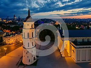 Aerial top night view of Vilnius, Lithuania: the cathedral