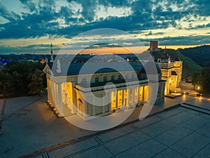Aerial top night view of Vilnius, Lithuania: cathedral, Upper Castle
