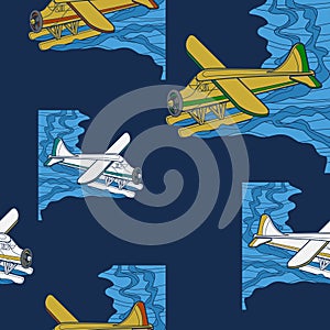 Aerial Top Oblique Pontoon Plane Vector Illustration Seamless Pattern