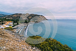 Aerial Top Panorama view of Aghia Galini beach at Crete island in Greece. South coast of the Libyan sea.