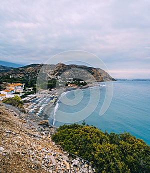 Aerial Top Panorama view of Aghia Galini beach at Crete island in Greece. South coast of the Libyan sea.