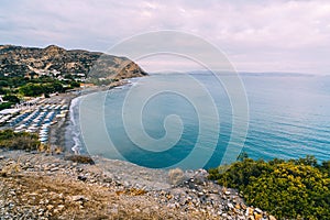 Aerial Top Panorama view of Aghia Galini beach at Crete island in Greece. South coast of the Libyan sea.