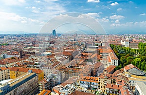 Aerial top panoramic view of Turin city historical centre