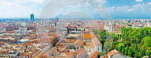 Aerial top panoramic view of Turin city historical centre, Royal Palace, Palazzo Carignano