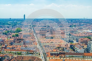 Aerial top panoramic view of Turin Torino city historical centre