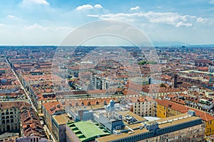 Aerial top panoramic view of Turin Torino city historical centre