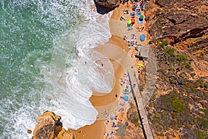 Aerial top shot from Praia Do Camillo in Lagos Portugal