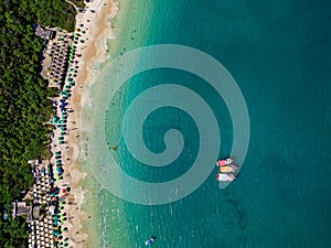 Aerial top view from above to Summer Beach Prainhas do Pontal de Atalaia in Arraial do Cabo in the Brazilian state of