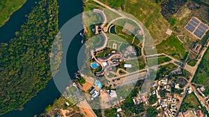 Aerial top view of Akosombo town in Ghana