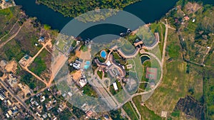 Aerial top view of Akosombo town in Ghana