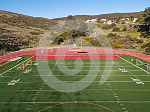 Aerial top view of American football field in San Diego, California, USA